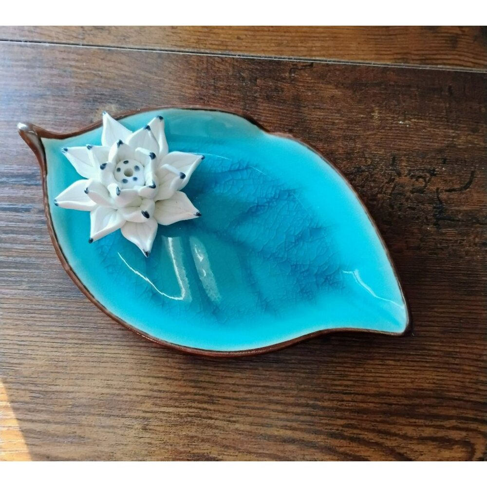 Ceramic Leaf-Shaped Incense Holder With White Lotus Flower, Crackle Glaze, 6"